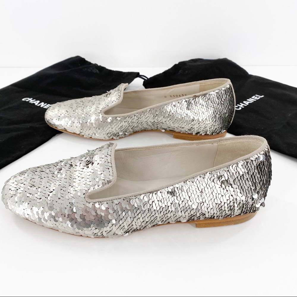 CHANEL | Silver Sequin Loafers Slippers Flats - Picture 4 of 12